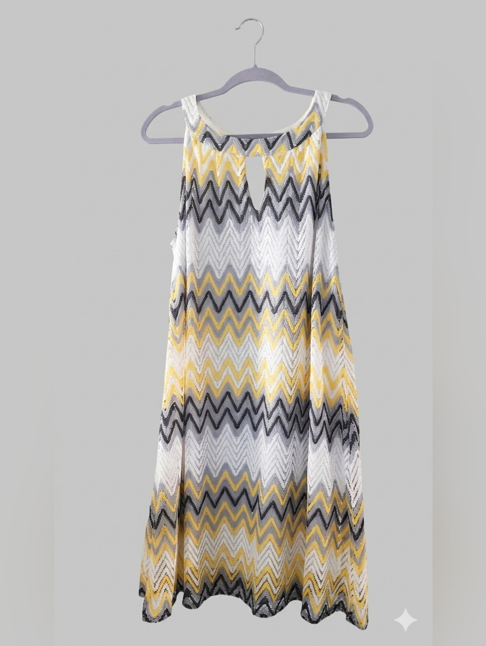 Tacera Chevron Knit Yellow Grey White Keyhole Cutout Resort Boho Size XL Midi